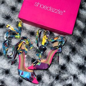 Peep toe floral satin ankle wrap sandals. Perfect for Spring